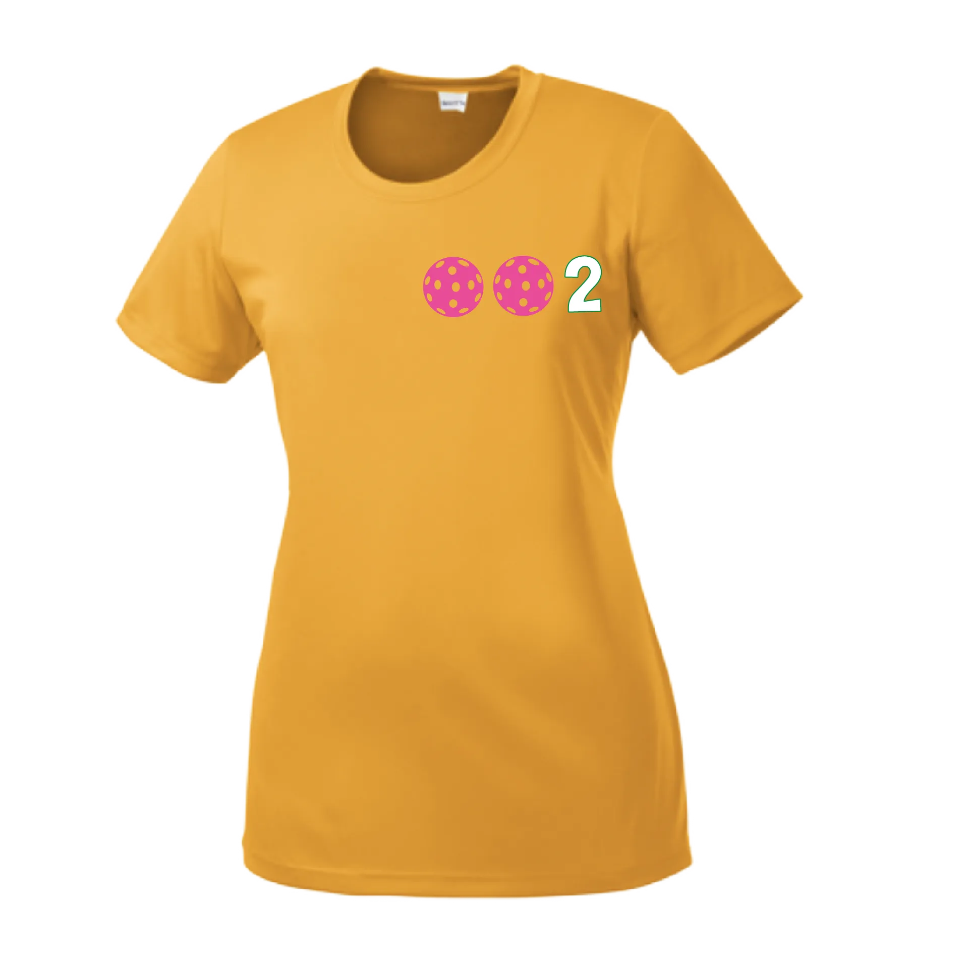 002 With Pickleballs (Yellow Pink White) Customizable | Women’s Short Sleeve Crewneck Athletic Shirts | 100% Polyester