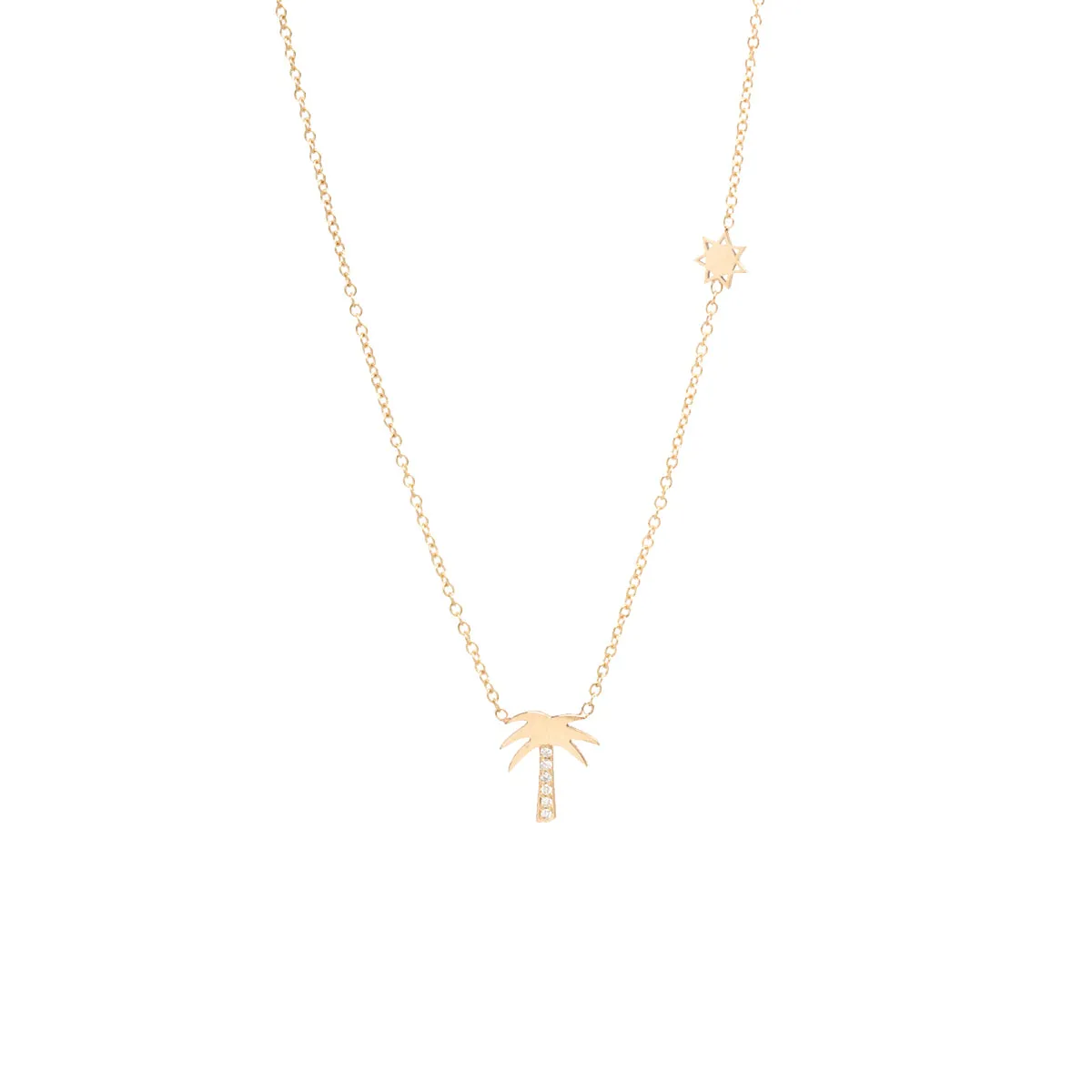 14k Midi Bitty Diamond Palm Tree Necklace with Itty Bitty Sun