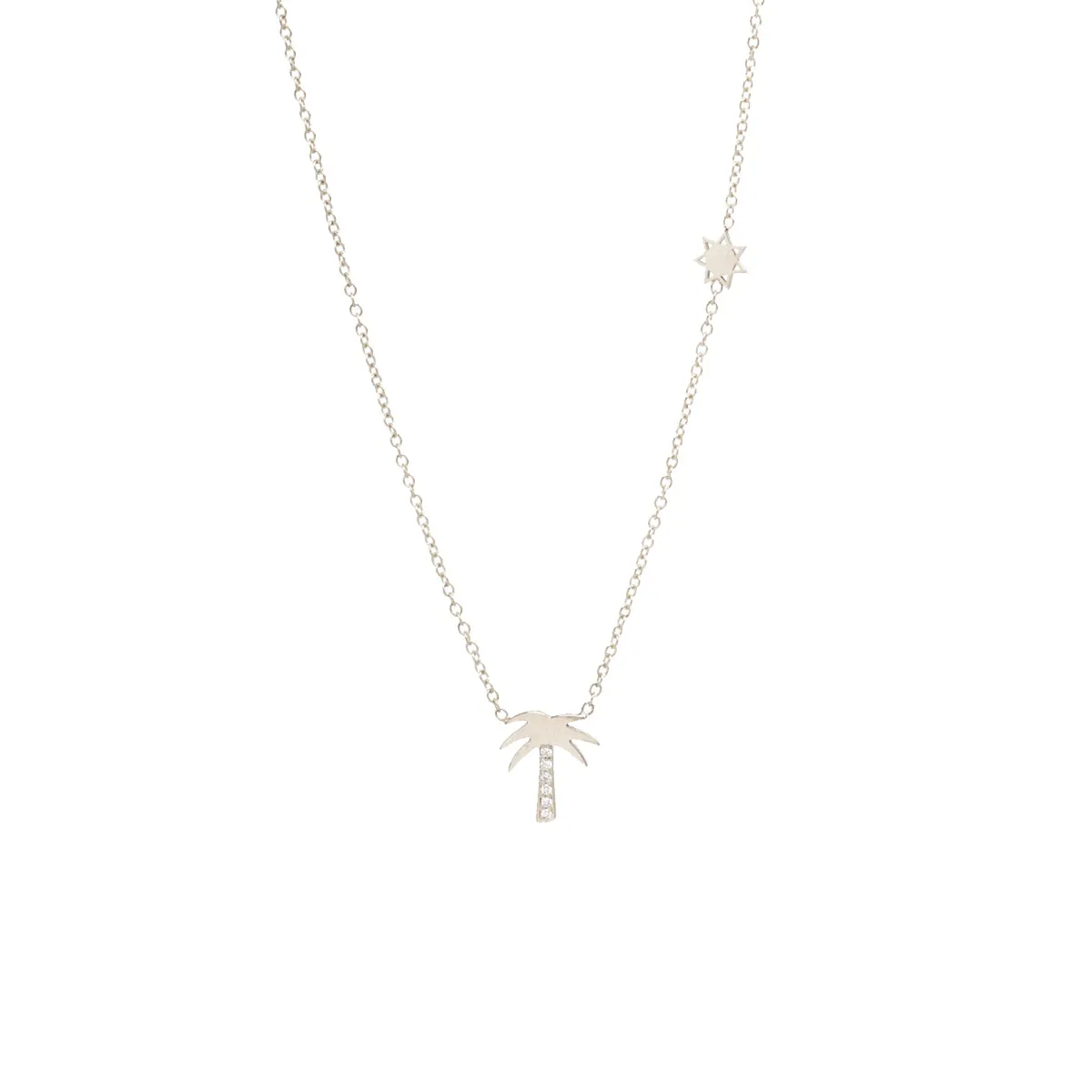 14k Midi Bitty Diamond Palm Tree Necklace with Itty Bitty Sun