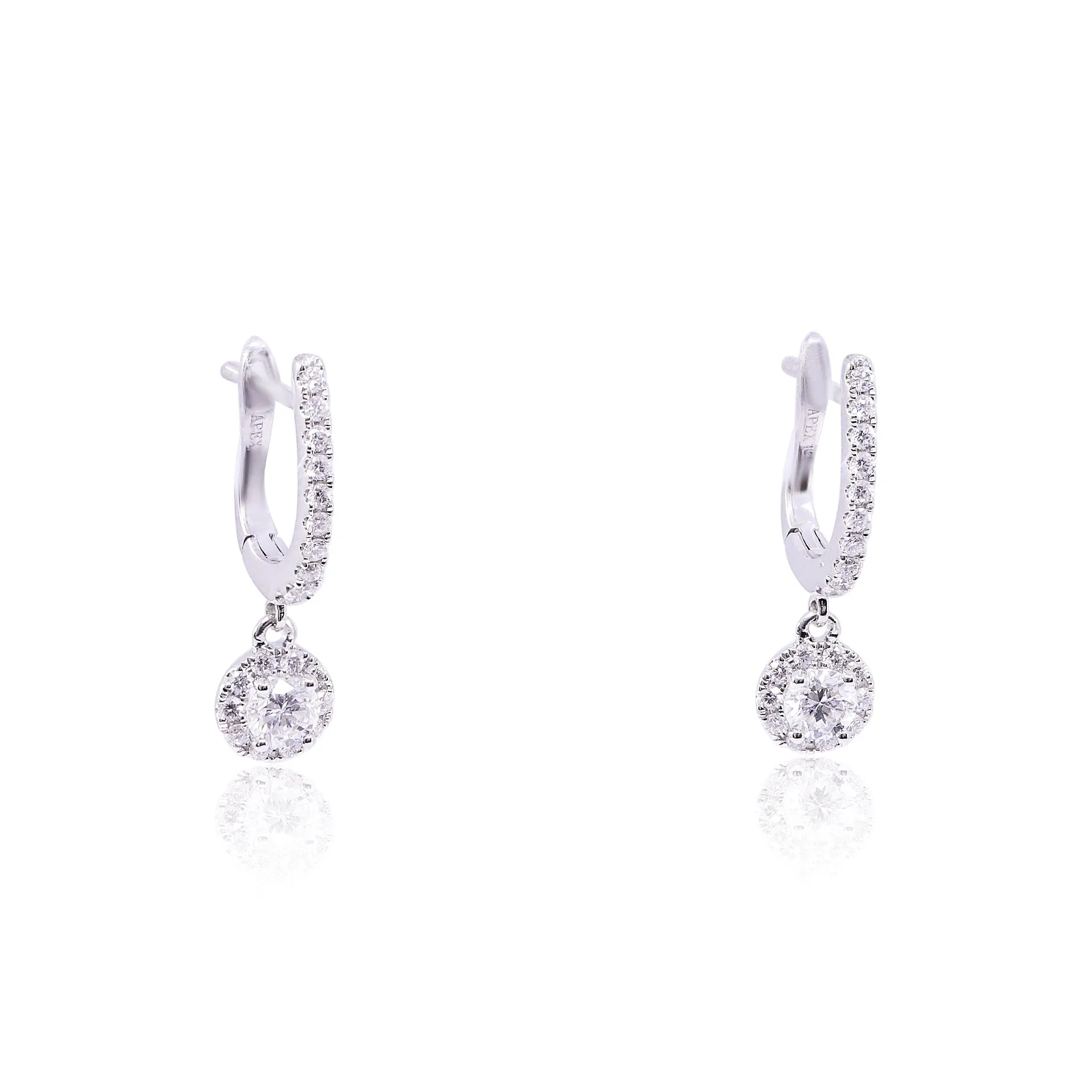 14K WHITE GOLD DIAMOND HOOP EARRINGS WITH DIAMOND HALO DROPS