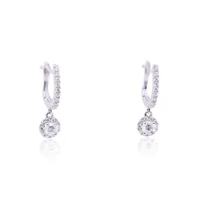 14K WHITE GOLD DIAMOND HOOP EARRINGS WITH DIAMOND HALO DROPS