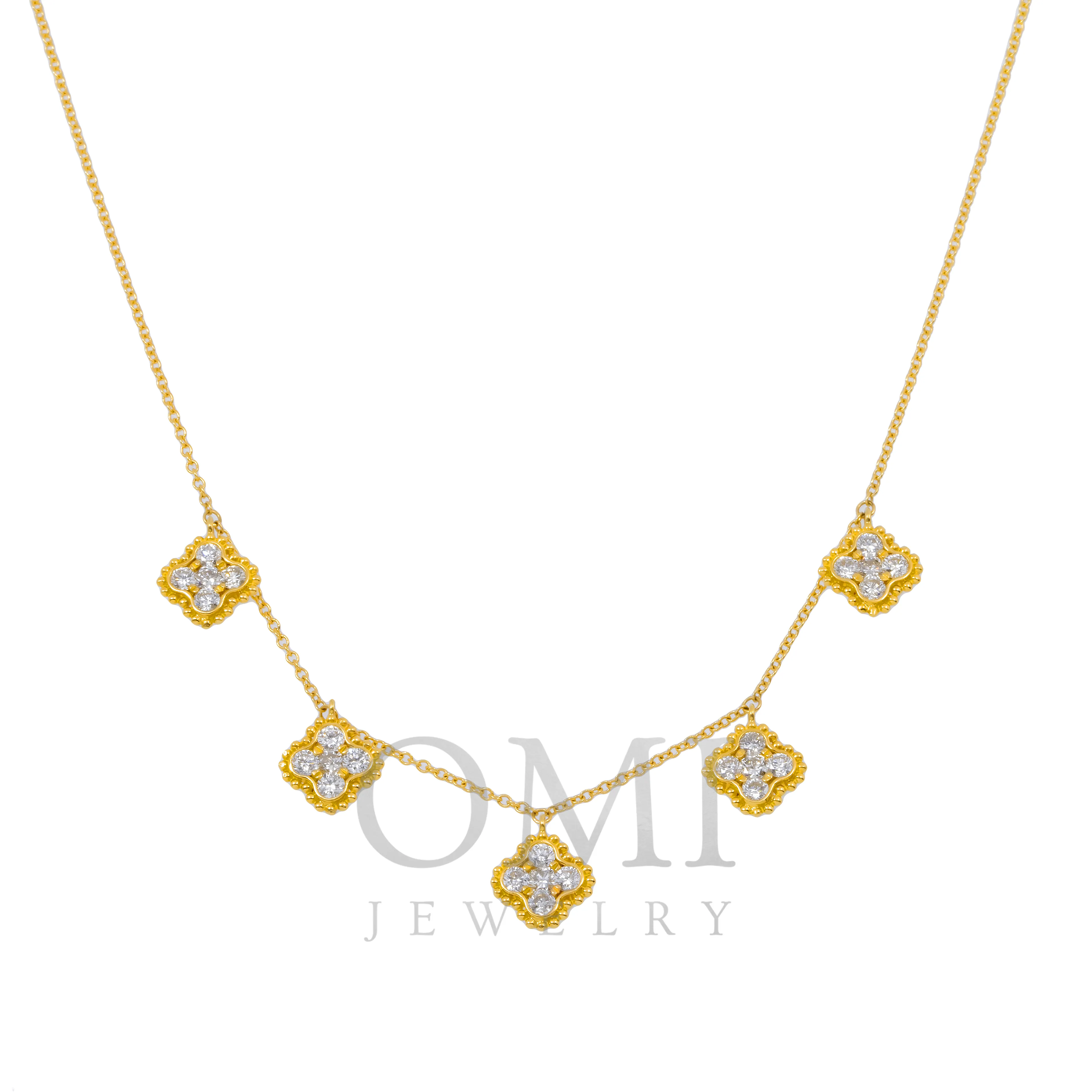 18K GOLD ROUND DIAMOND CLOVER SHAPE NECKLACE 0.95 CT