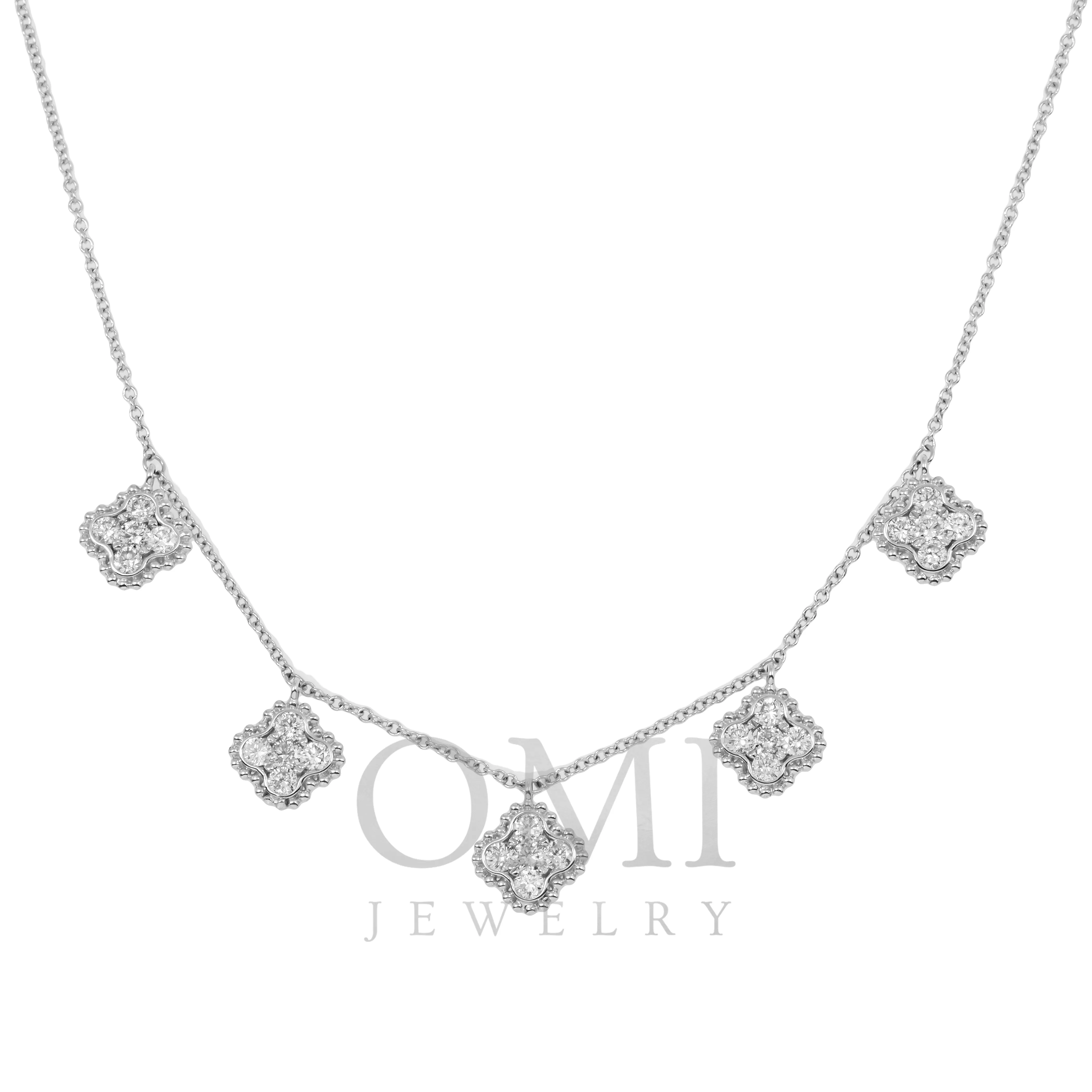 18K GOLD ROUND DIAMOND CLOVER SHAPE NECKLACE 0.95 CT