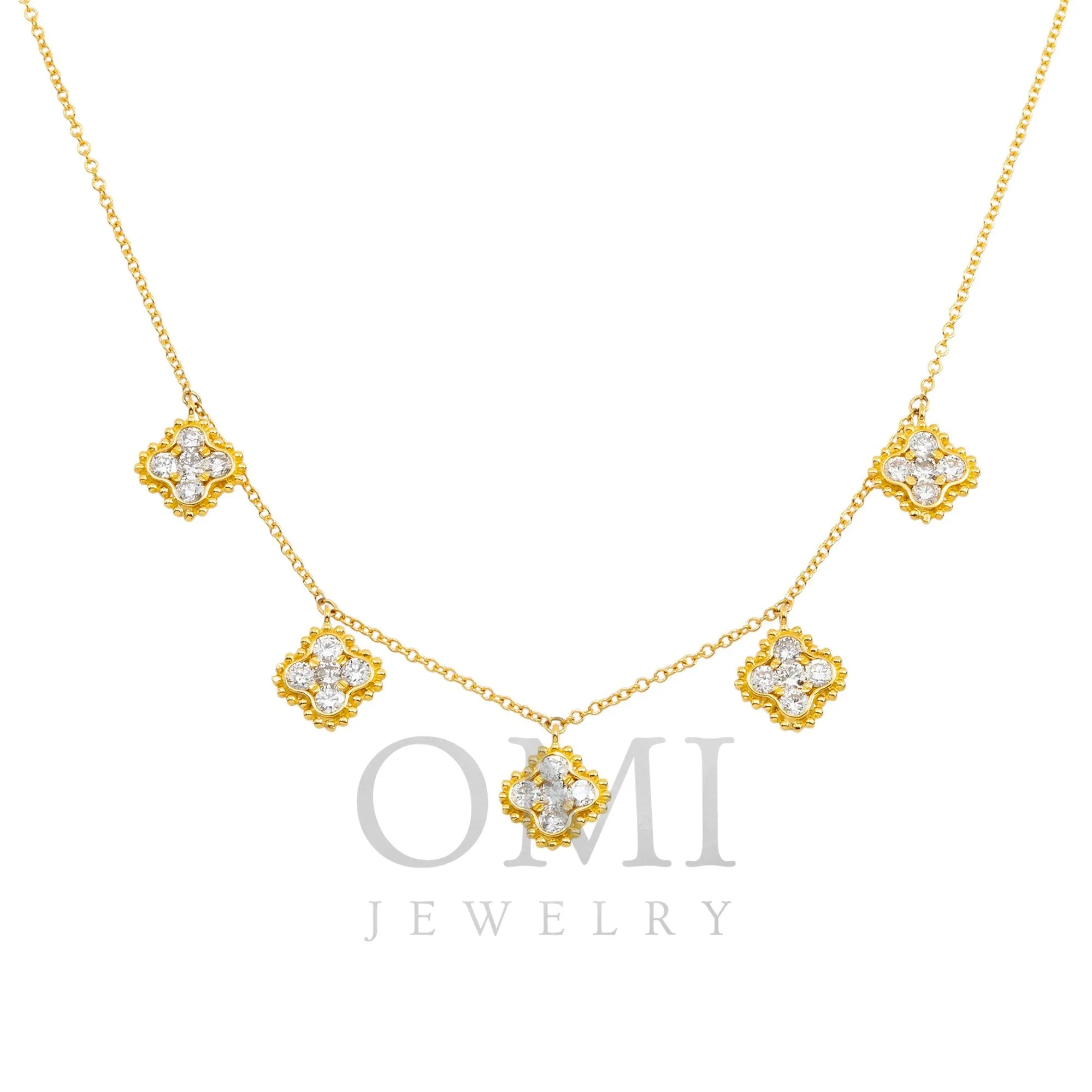 18K GOLD ROUND DIAMOND CLOVER SHAPE NECKLACE 0.95 CT