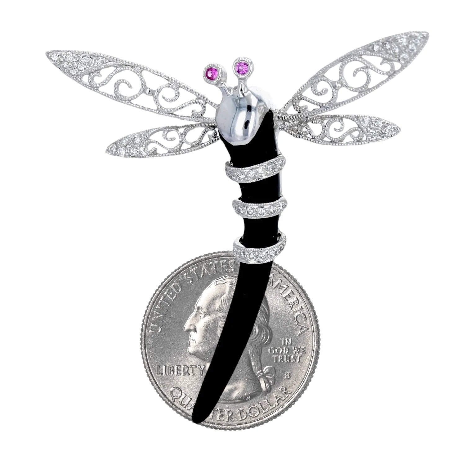 18k White gold onyx handcrafted Italy dragonfly pin and pendant diamonds accents dragonfly especial edition-11359