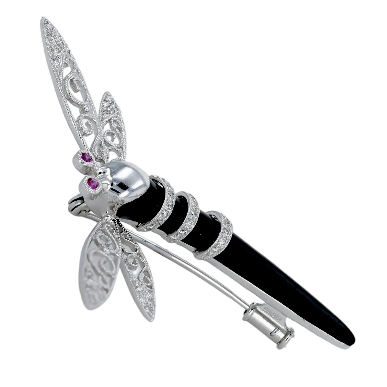 18k White gold onyx handcrafted Italy dragonfly pin and pendant diamonds accents dragonfly especial edition-11359