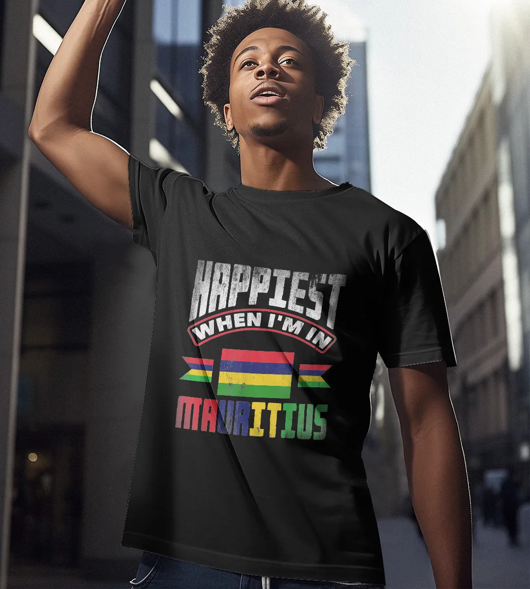 1sttheworld T-Shirt - Flag Happiest When Im In Mauritius T-Shirt Black A35