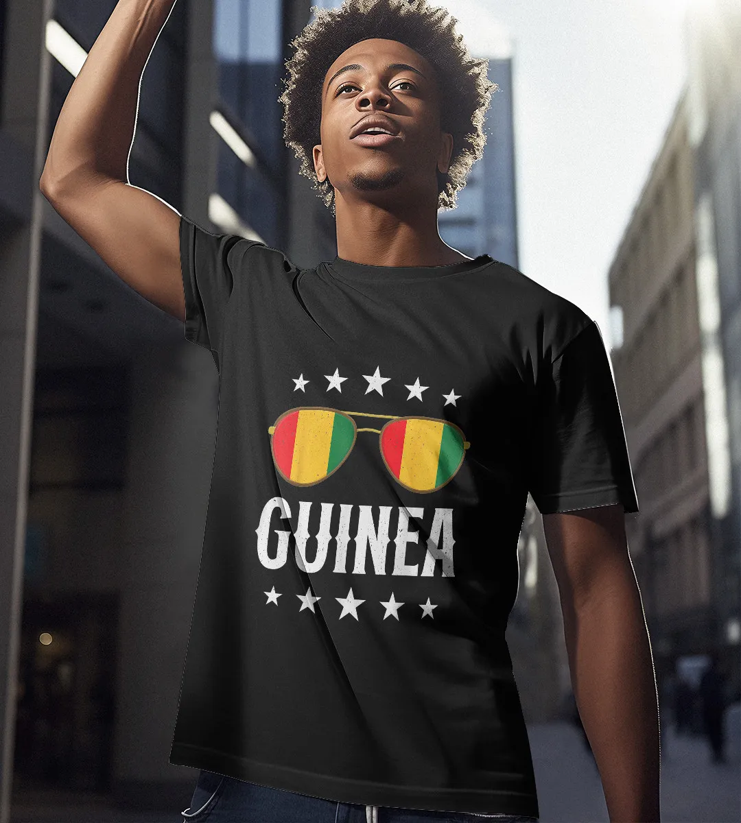 1sttheworld T-Shirt - Guinea Sunglasses Flag T-Shirt Black A35