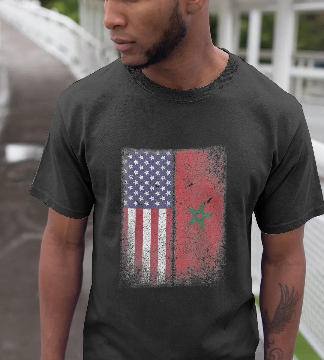 1sttheworld T-Shirt - Half Moroccan American Flag T-Shirt Black A35