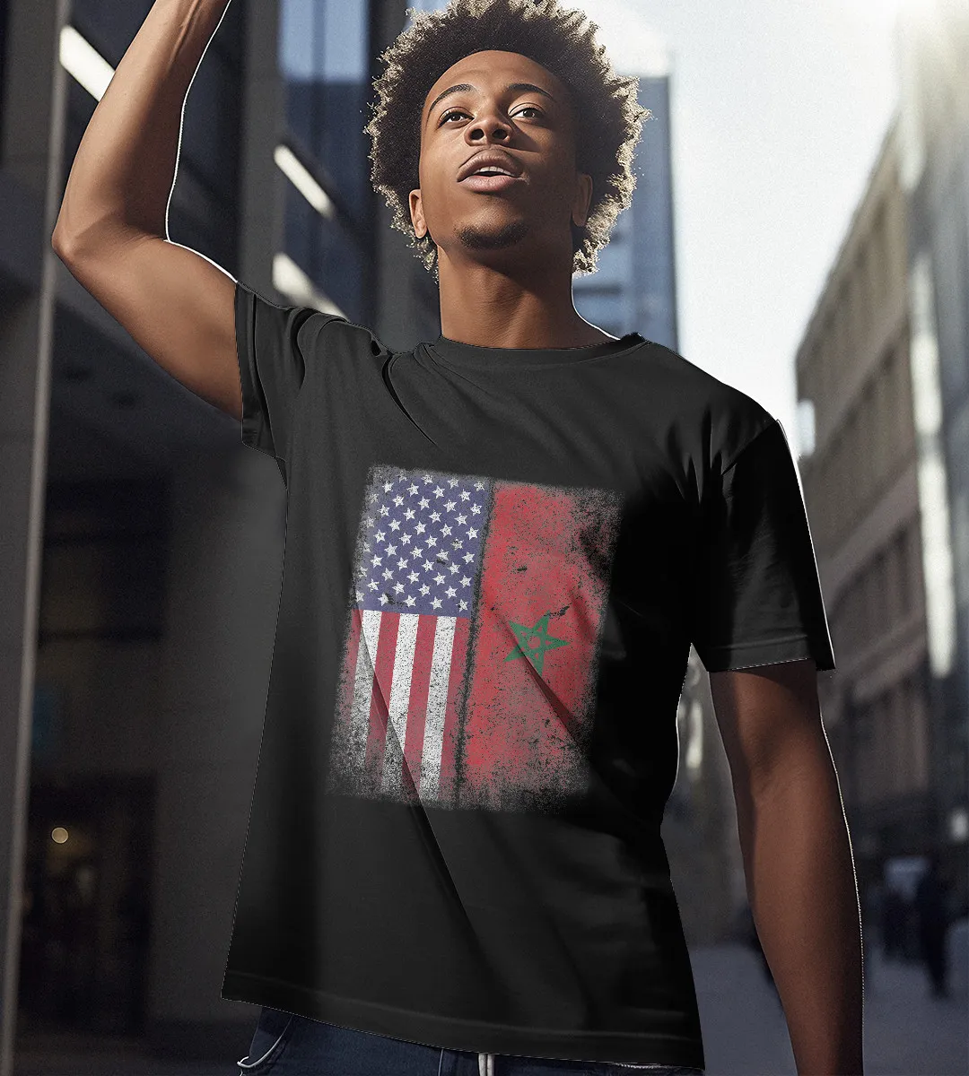 1sttheworld T-Shirt - Half Moroccan American Flag T-Shirt Black A35