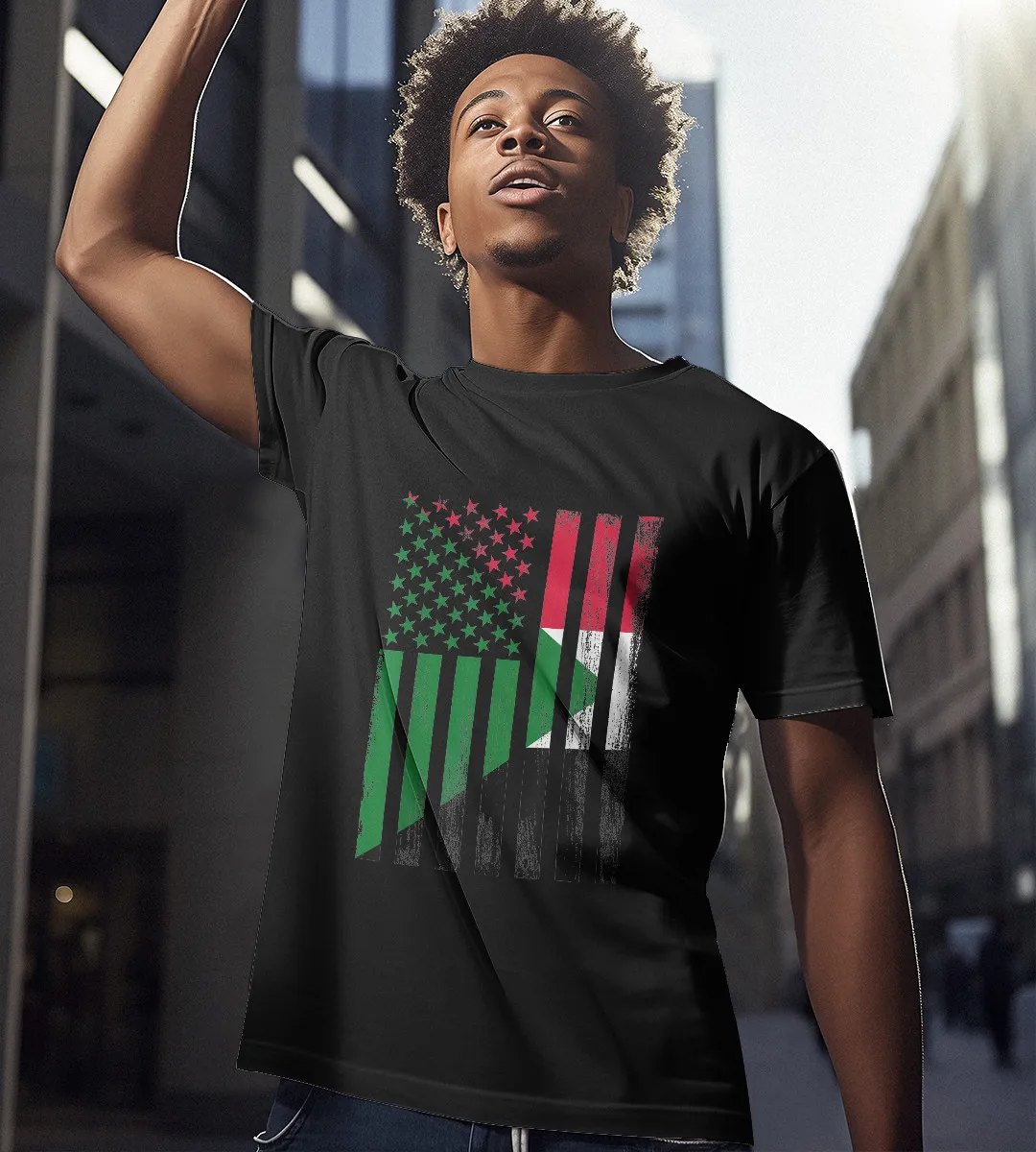 1sttheworld T-Shirt - Half Sudan & USA T-Shirt Black A35