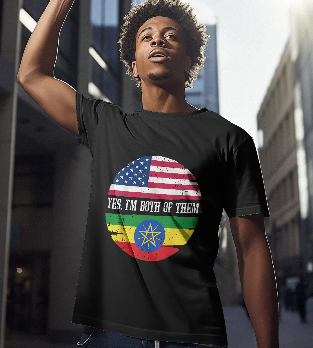 1sttheworld T-Shirt - Half Usa Flag Half Ethiopia Flag T-Shirt Black A35