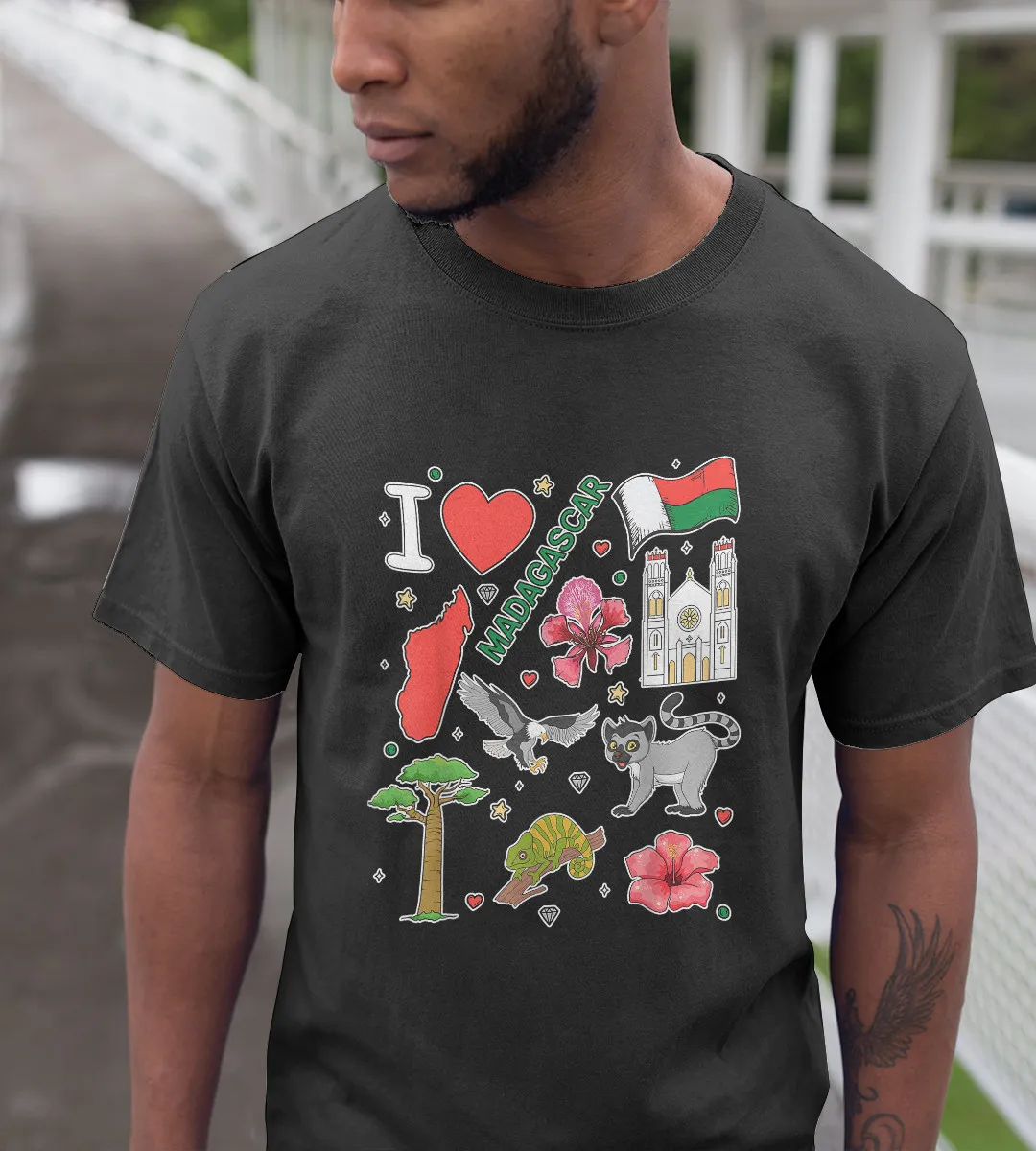 1sttheworld T-Shirt - Hand Drawn Malagasy Landmarks, Flag, Map T-Shirt Black A35