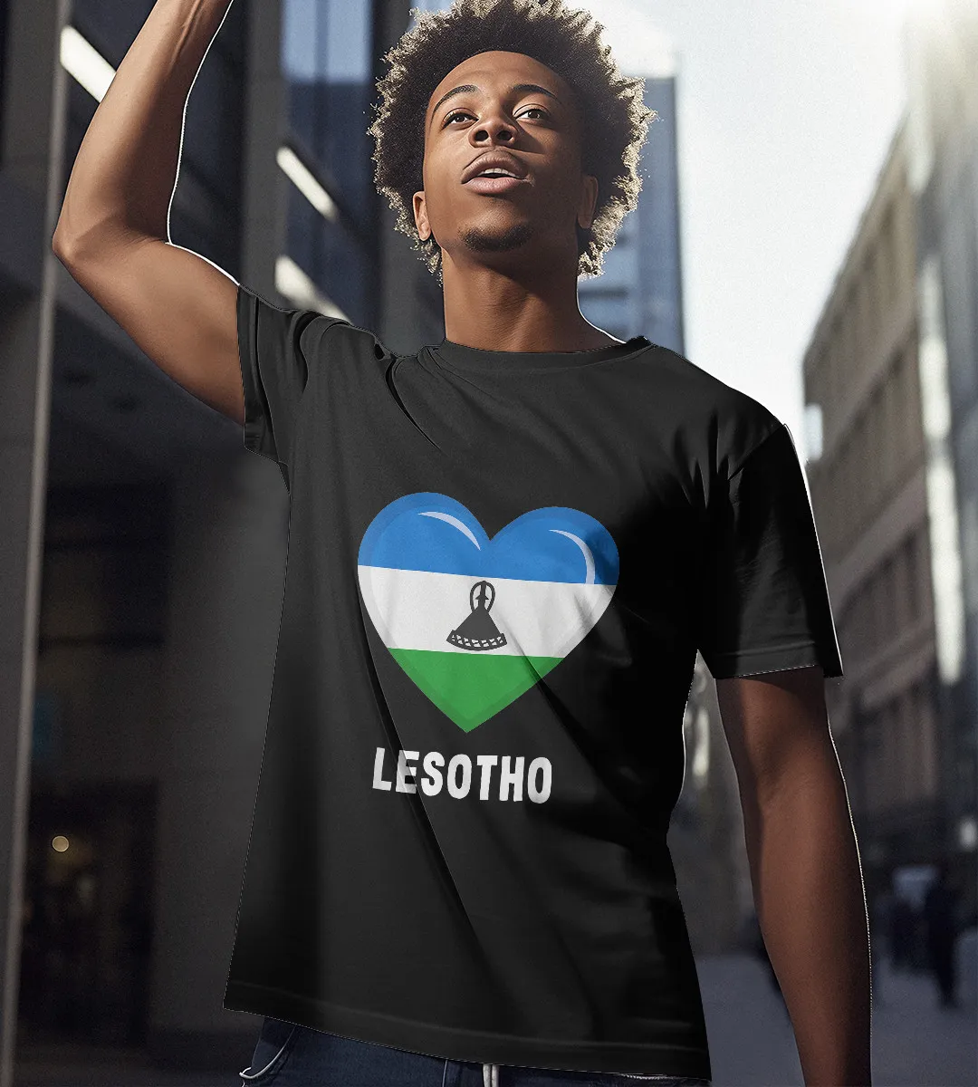 1sttheworld T-Shirt - Heart Lesotho Flag T-Shirt Black A35