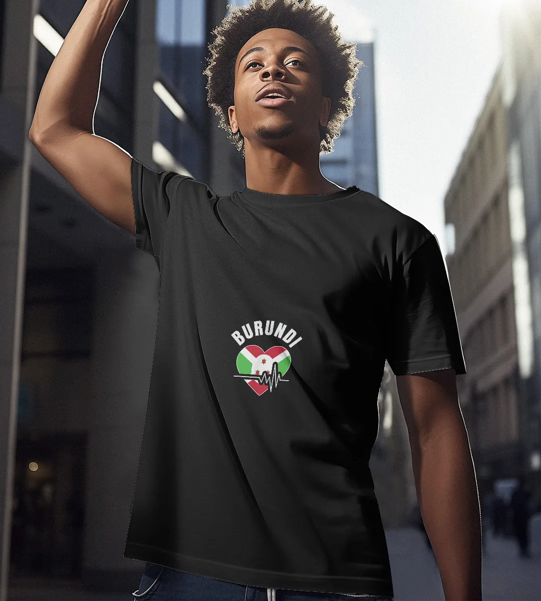 1sttheworld T-Shirt - Heartbeat In Heart Burundi Flag T-Shirt Black A35