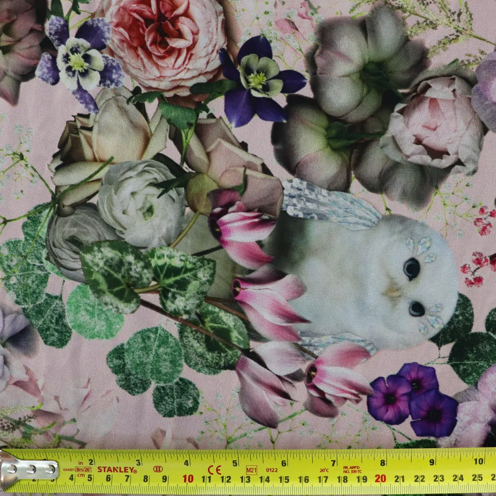 (5C) Pink Floral Owl Print on Thin Chiffon Fabric