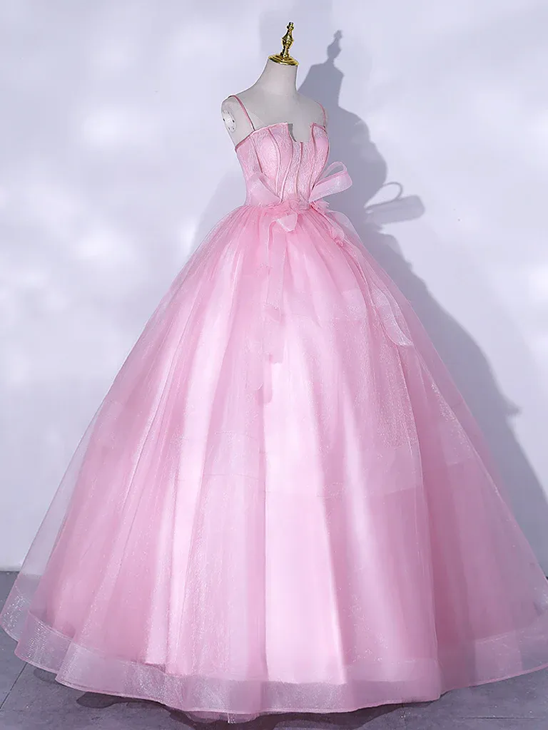 A Line Pink Tulle Lace  Prom Dresses, Lace Tulle  Pink Formal Evening Dresses