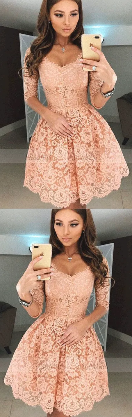 A-Line Scoop Half Sleeves Short Apricot Lace Homecoming Dress,BD99516