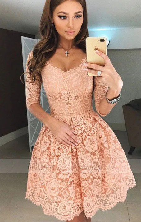 A-Line Scoop Half Sleeves Short Apricot Lace Homecoming Dress,BD99516