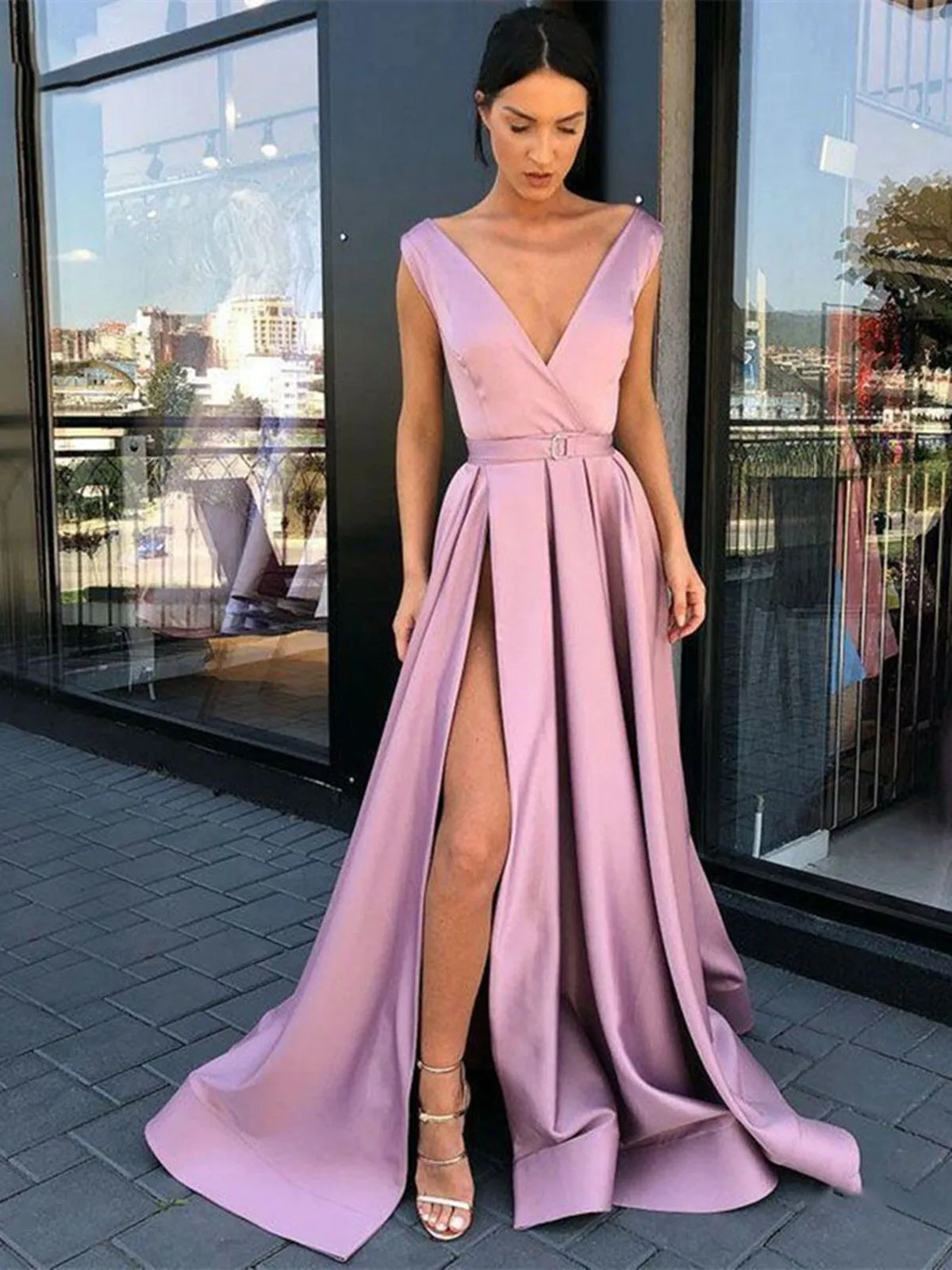 A Line V Neck Light Purple High Slit Prom Dresses, V Neck Light Purple Formal Dresses, Light Purple High Slit  Graduation Evening Dresses