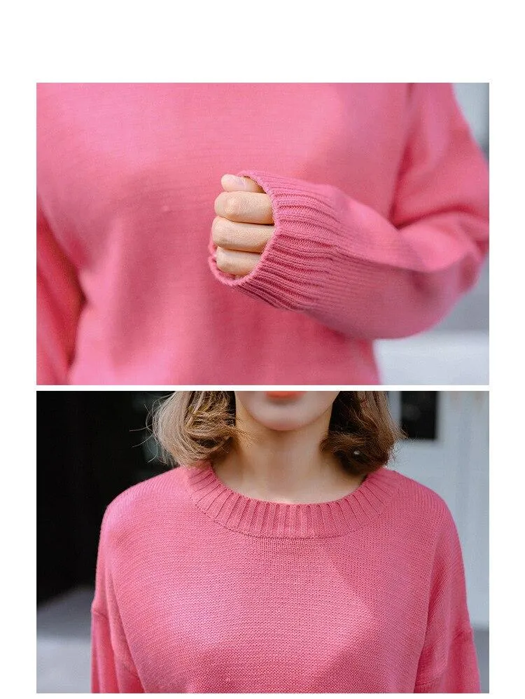 All Match Casual Basic Solid O-neck Long Sleeve Loose Female Sweaters