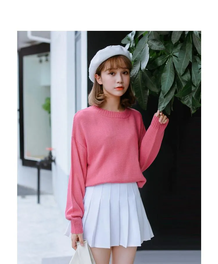 All Match Casual Basic Solid O-neck Long Sleeve Loose Female Sweaters