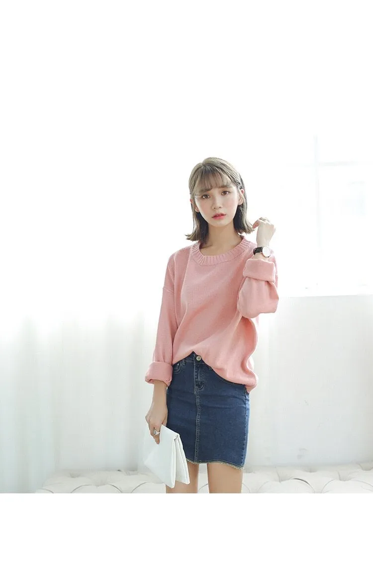 All Match Casual Basic Solid O-neck Long Sleeve Loose Female Sweaters