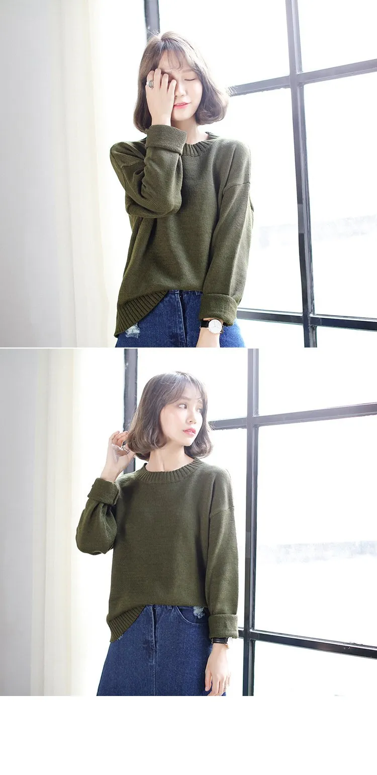 All Match Casual Basic Solid O-neck Long Sleeve Loose Female Sweaters