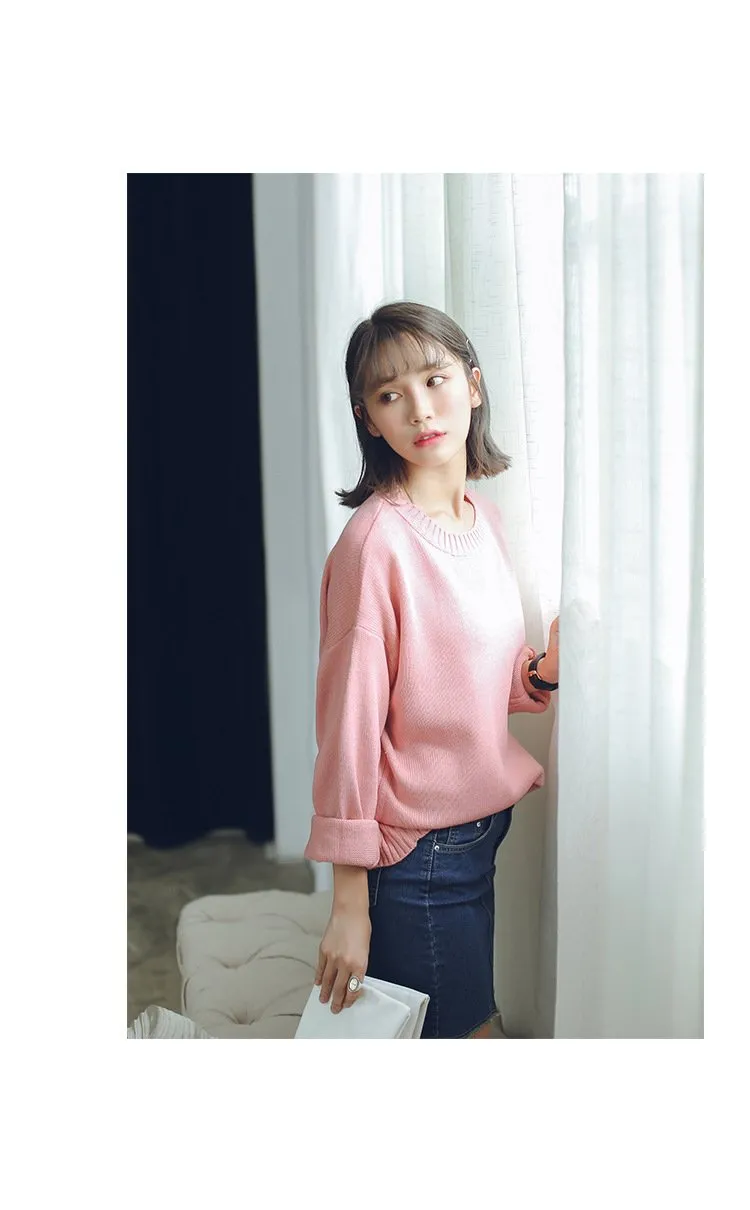 All Match Casual Basic Solid O-neck Long Sleeve Loose Female Sweaters