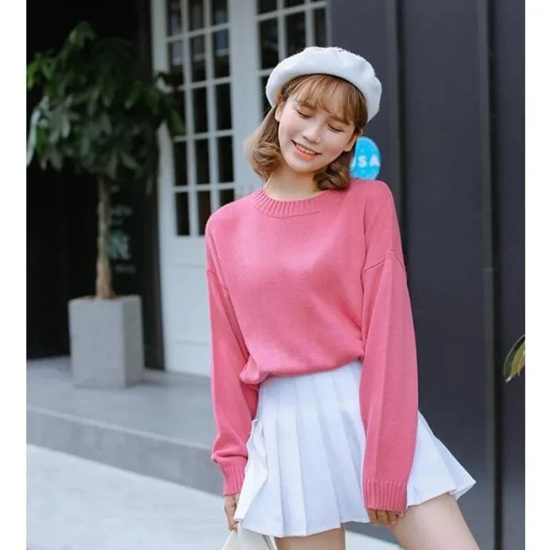 All Match Casual Basic Solid O-neck Long Sleeve Loose Female Sweaters