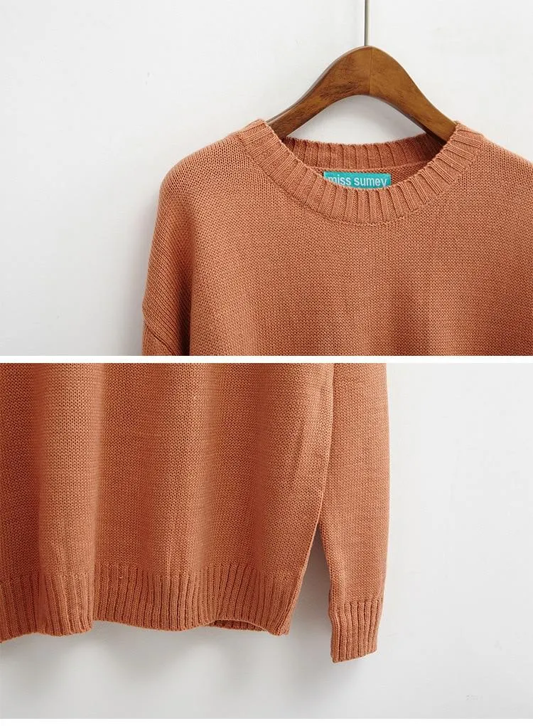 All Match Casual Basic Solid O-neck Long Sleeve Loose Female Sweaters