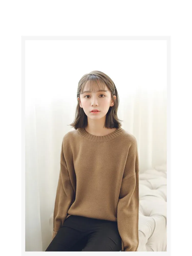 All Match Casual Basic Solid O-neck Long Sleeve Loose Female Sweaters