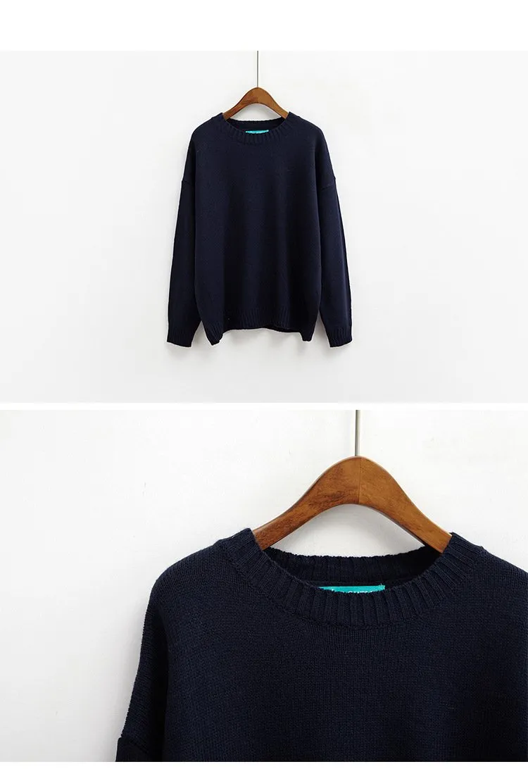 All Match Casual Basic Solid O-neck Long Sleeve Loose Female Sweaters