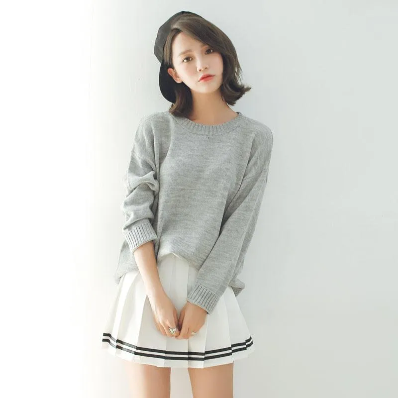 All Match Casual Basic Solid O-neck Long Sleeve Loose Female Sweaters