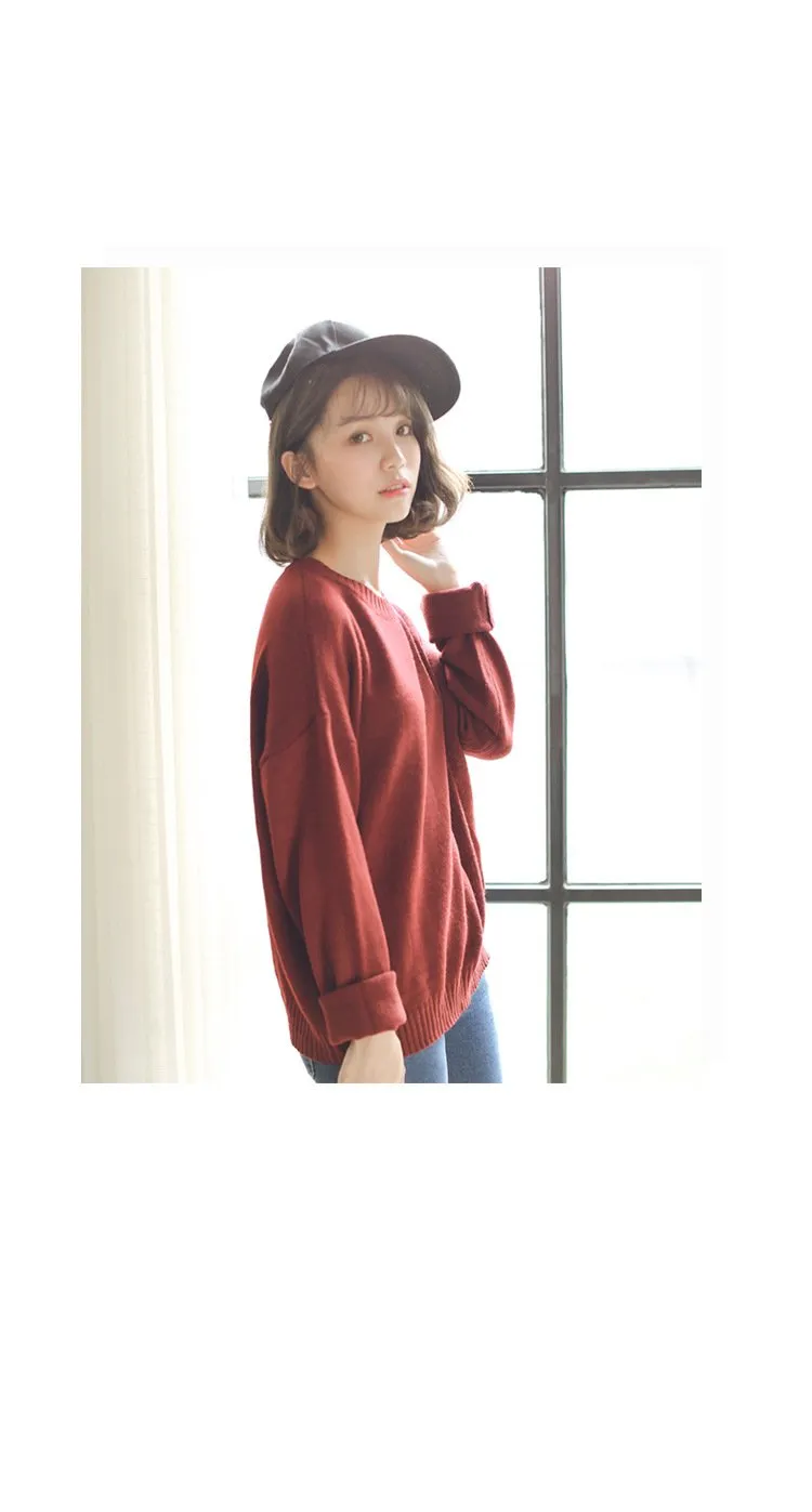 All Match Casual Basic Solid O-neck Long Sleeve Loose Female Sweaters