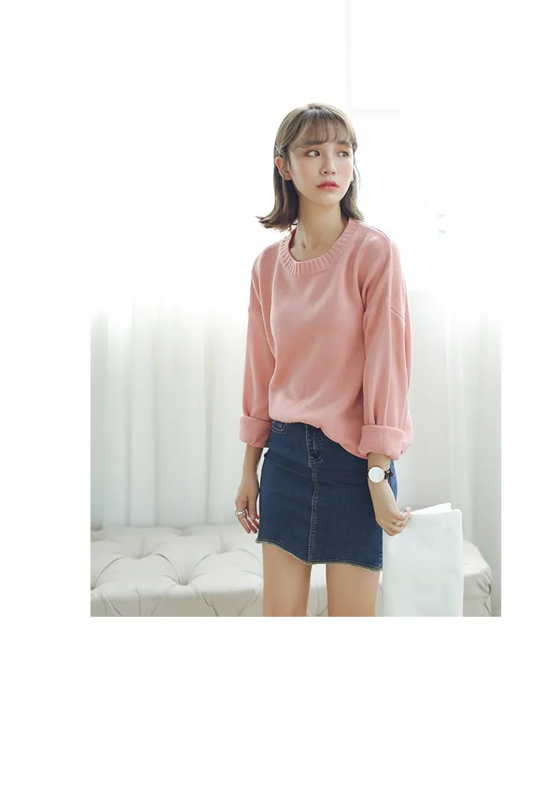 All Match Casual Basic Solid O-neck Long Sleeve Loose Female Sweaters