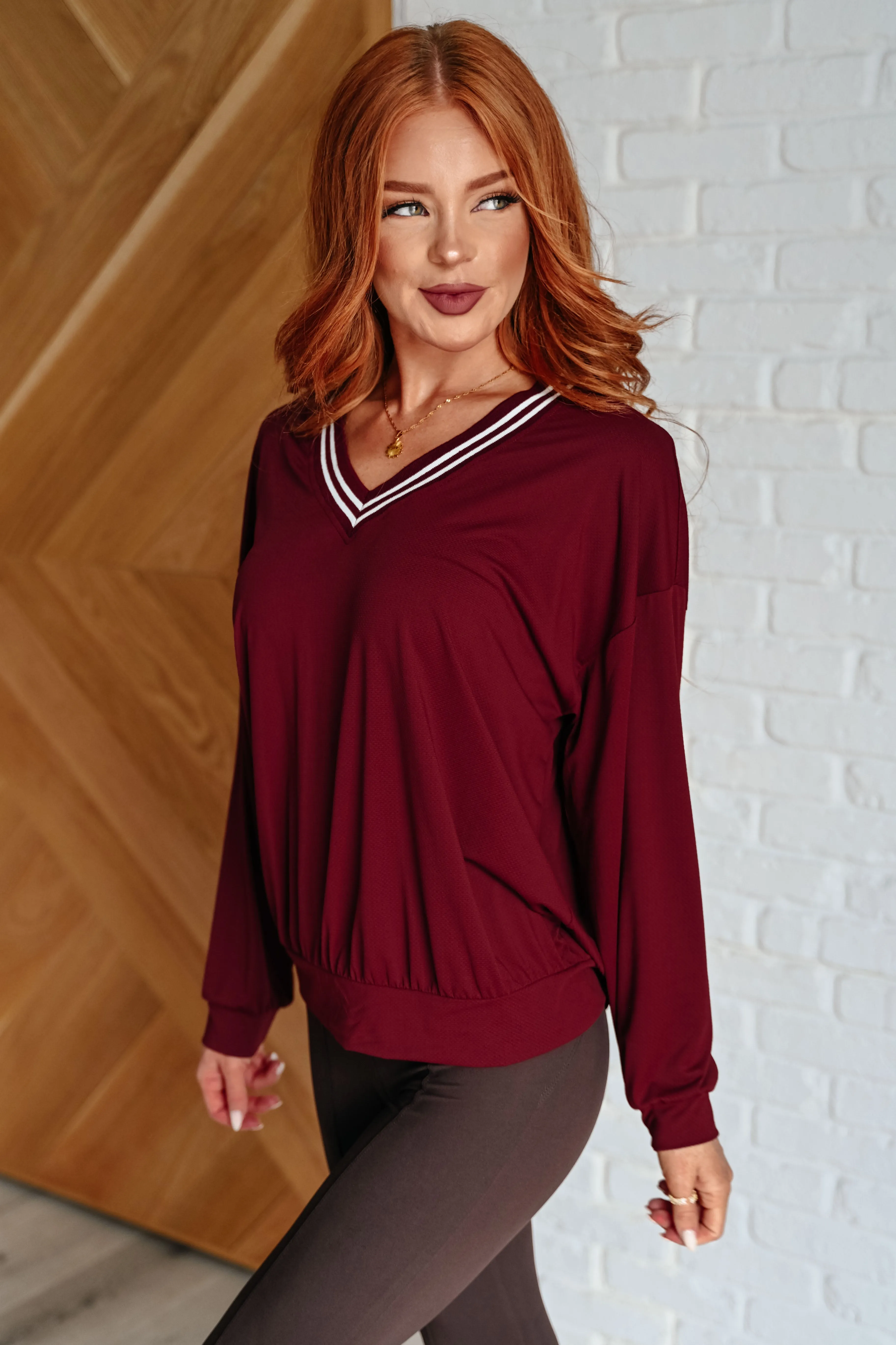 All Out Comfort V-Neck Pullover in Red Merlot*