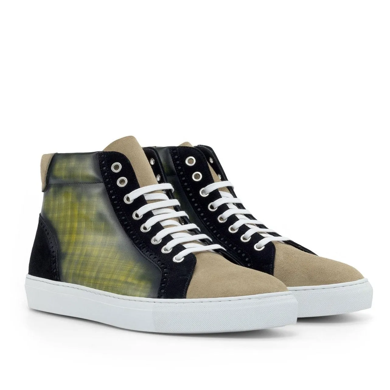 Ambrogio Bespoke Custom Men's Shoes Black, Camel & Khaki Suede / Patina Leather High-Top Sneakers (AMB2218)