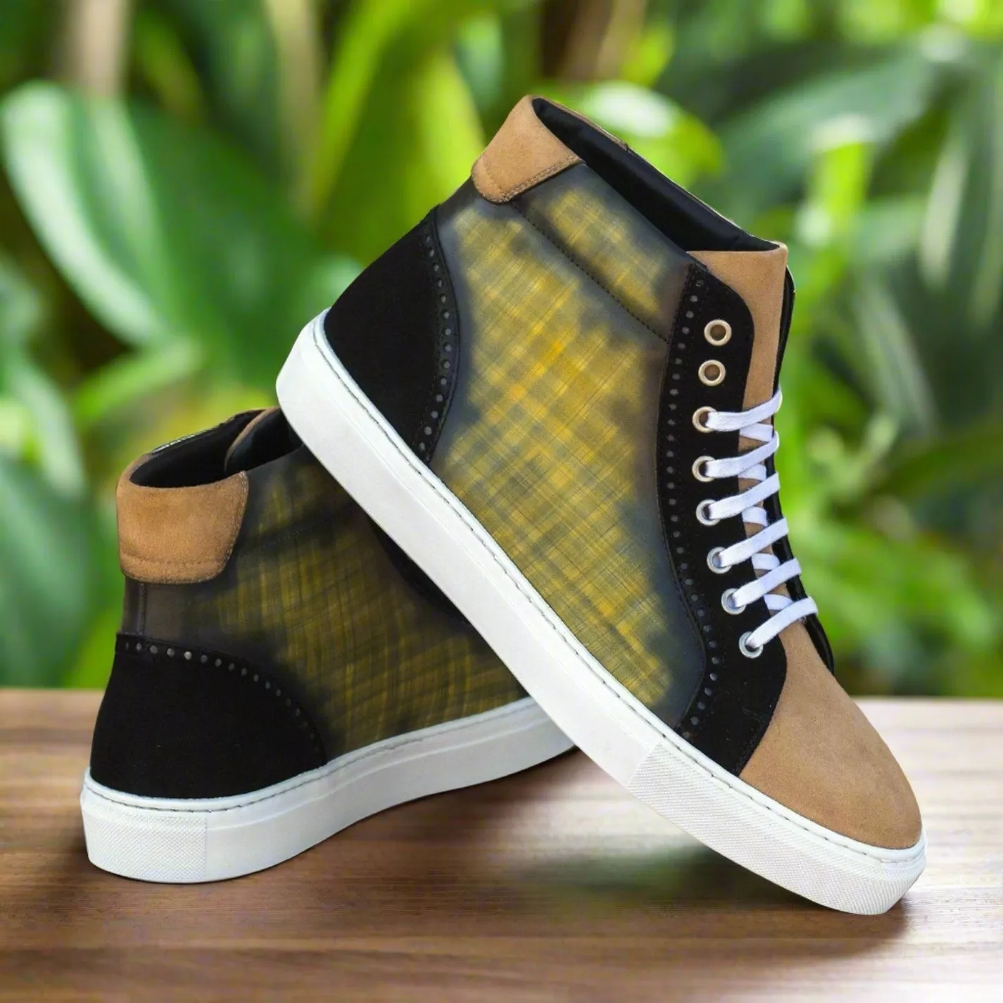 Ambrogio Bespoke Custom Men's Shoes Black, Camel & Khaki Suede / Patina Leather High-Top Sneakers (AMB2218)