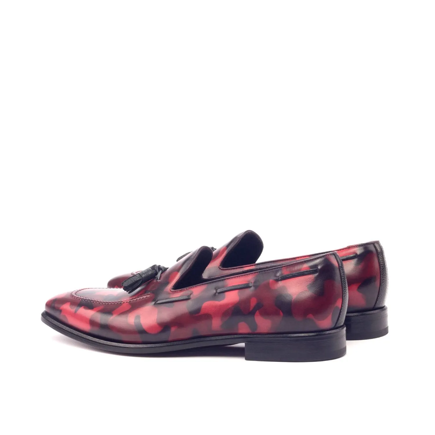 Ambrogio Bespoke Men's Handmade Custom Made Shoes Black & Red Camo Patina Leather Tassels Loafers (AMB1263)