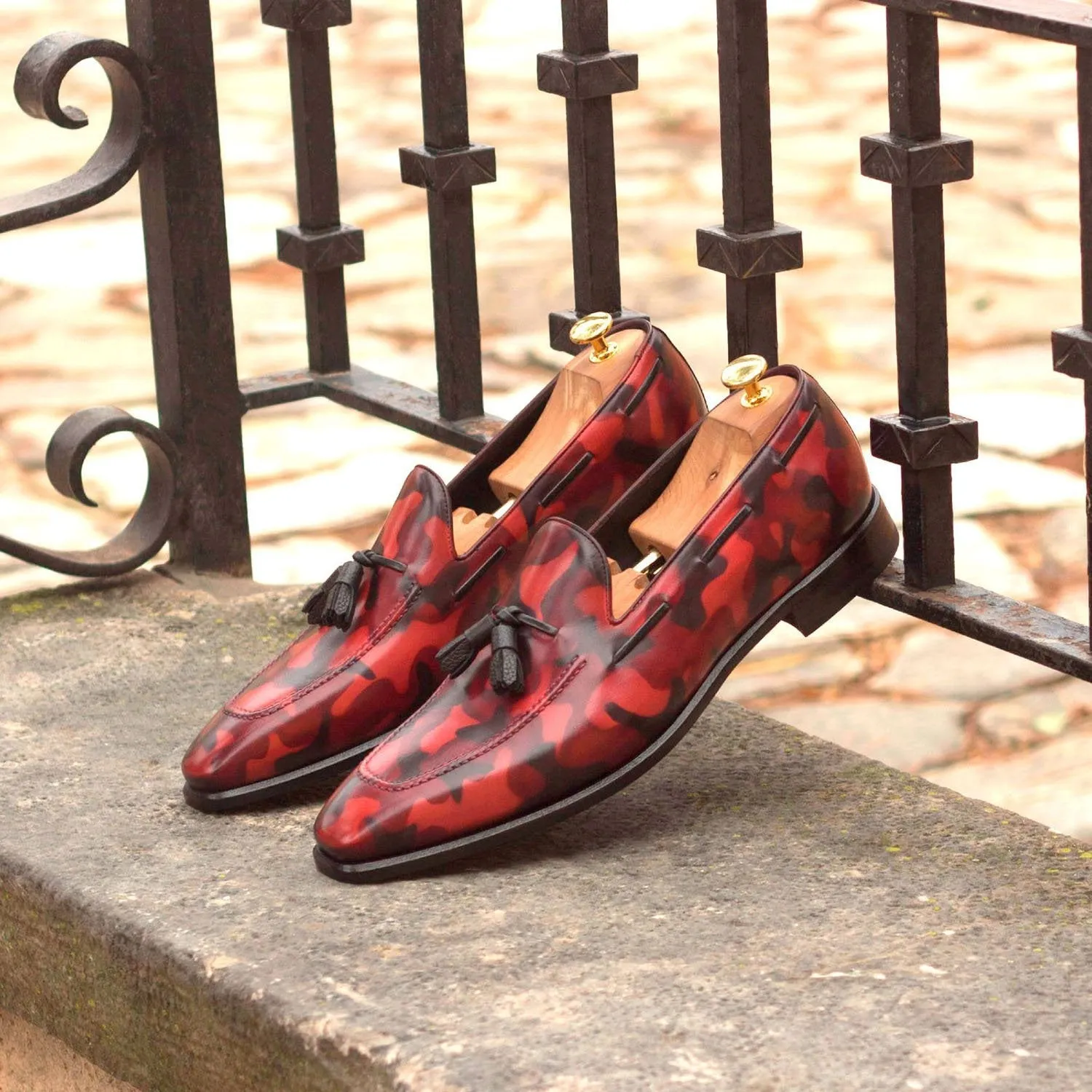 Ambrogio Bespoke Men's Handmade Custom Made Shoes Black & Red Camo Patina Leather Tassels Loafers (AMB1263)