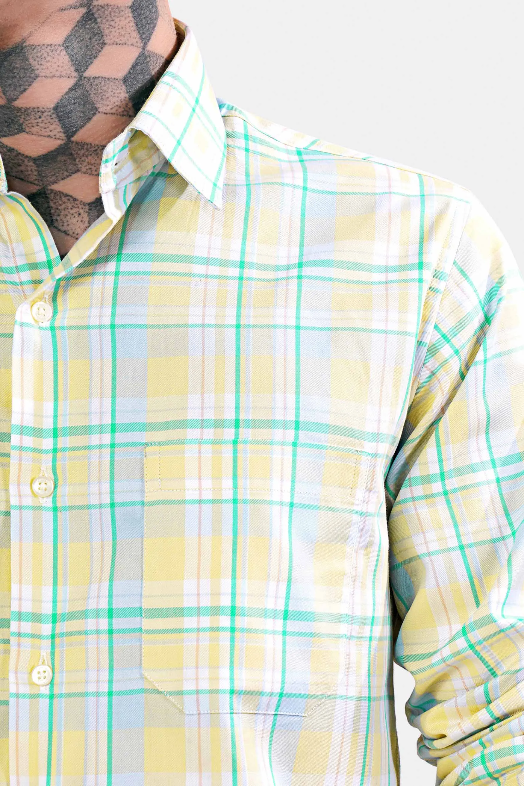 Arylide Brown with White and Teal Green Twill Plaid Premium Cotton Shirt