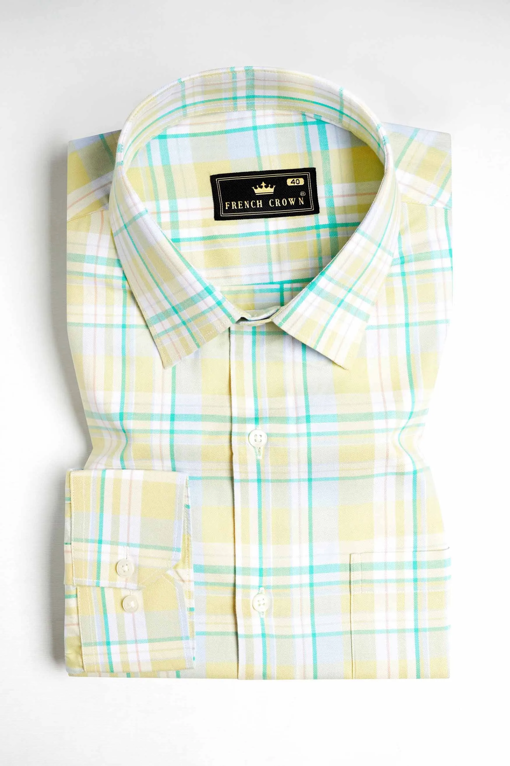 Arylide Brown with White and Teal Green Twill Plaid Premium Cotton Shirt