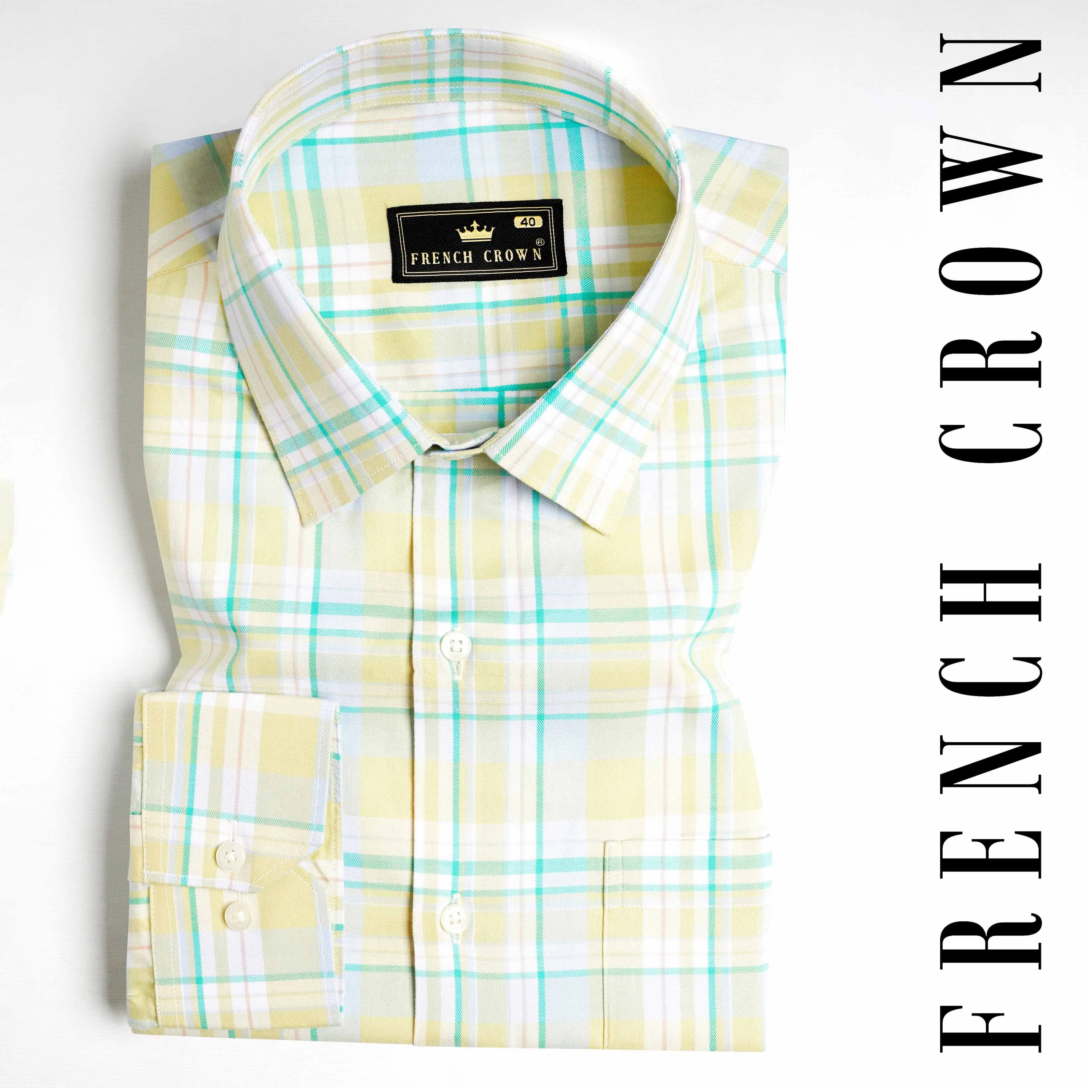 Arylide Brown with White and Teal Green Twill Plaid Premium Cotton Shirt