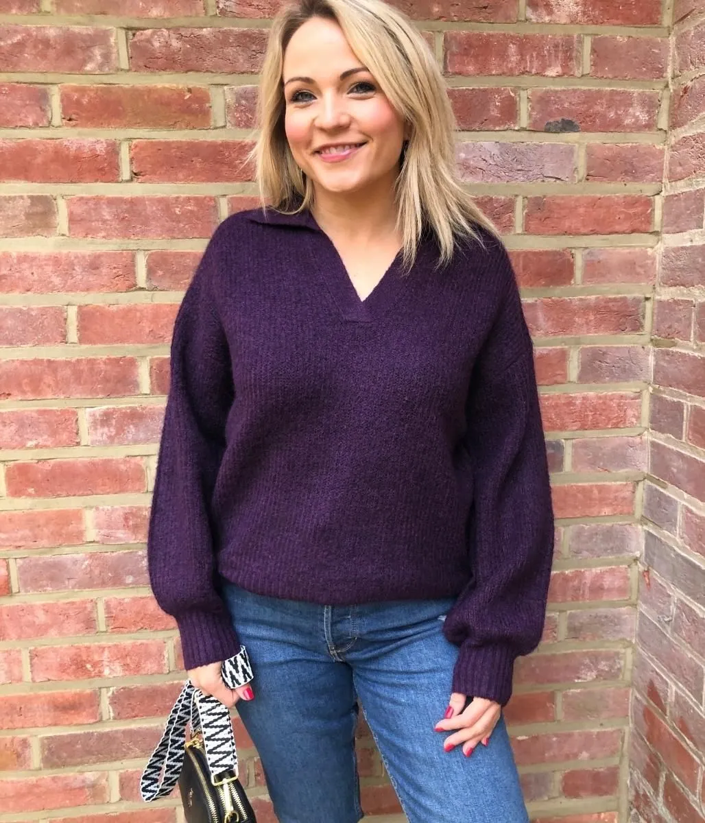 Aubergine Notch Neck Collared Jumper