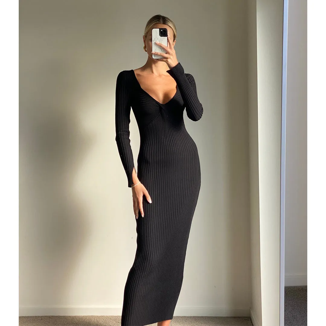 BELA Black Long Sleeve Knit Midi Dress