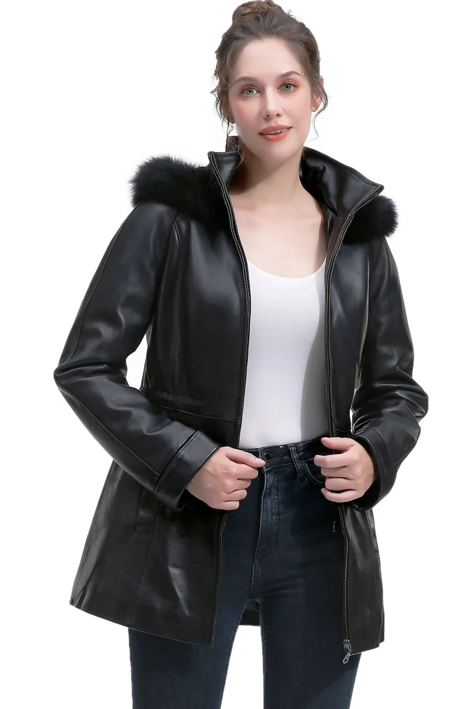 BGSD Women Uzima Lambskin Leather Hooded Parka Coat