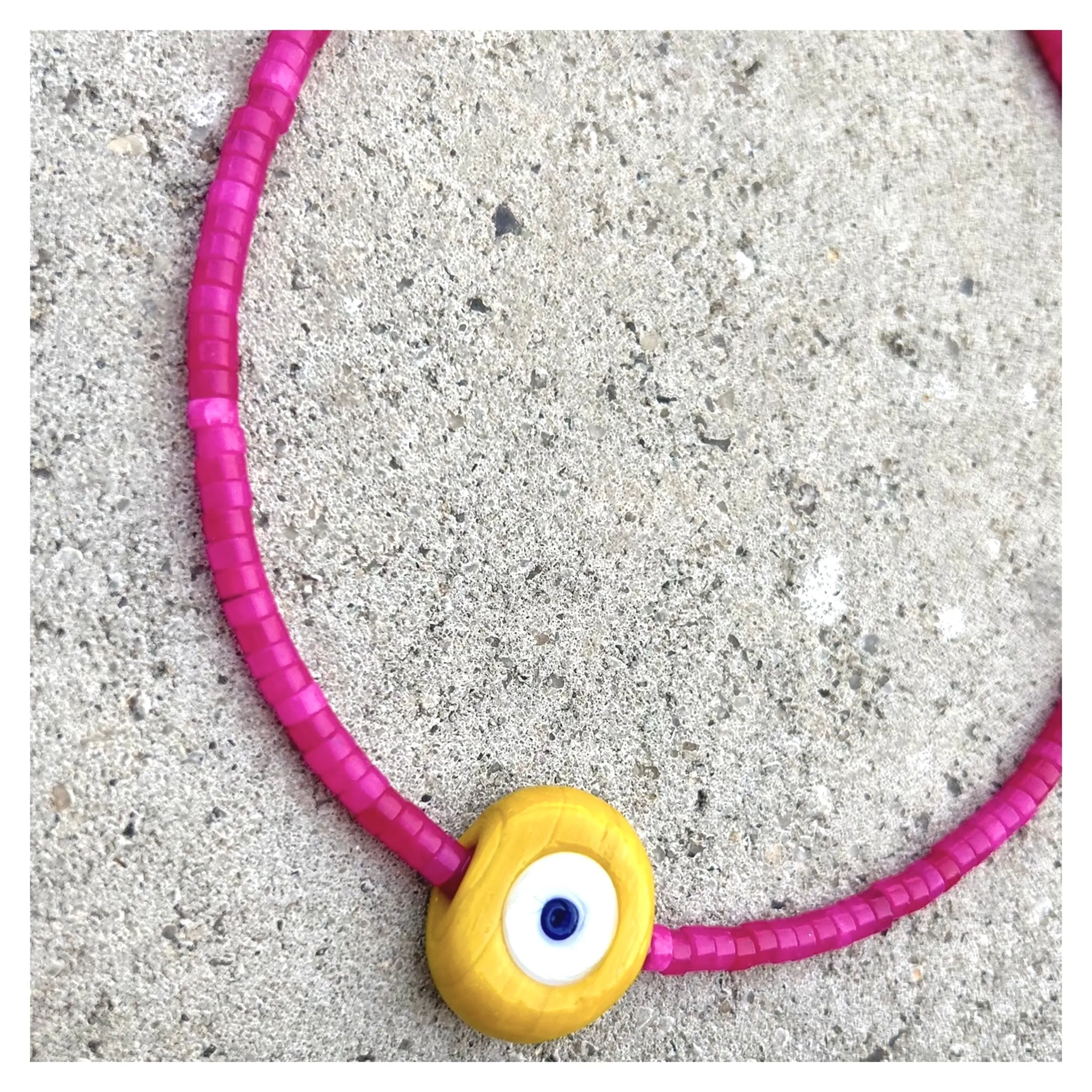 Biggie Yellow Nazar Pink Agate Heishi Necklace