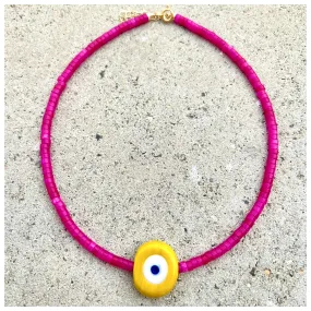 Biggie Yellow Nazar Pink Agate Heishi Necklace