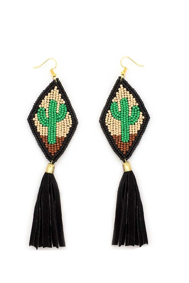 Black fringe cactus earrings